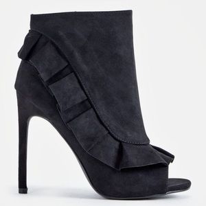 Black Ruffle Open Toe Heel Bootie